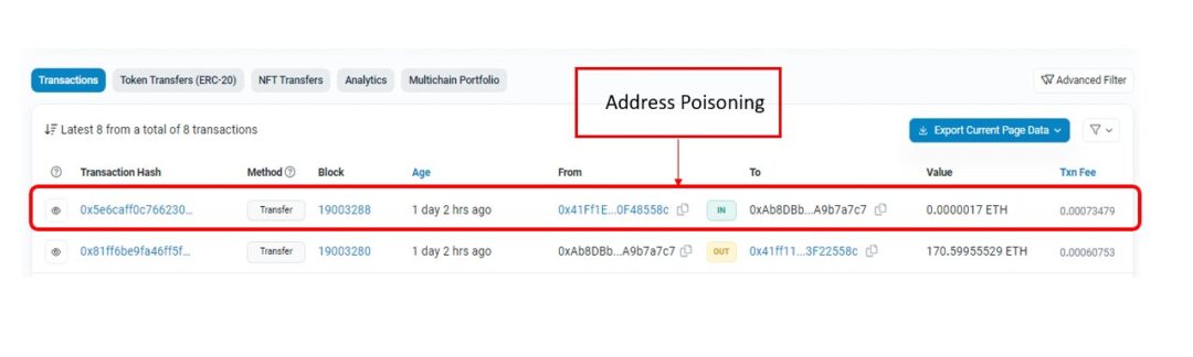 Indikasi address poisoning yang dilakukan oleh penipu