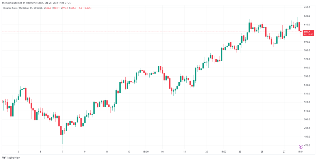 harga BNB naik hingga 10 persen semenjak awal september 2024, didukung oleh berita pelepasan CZ