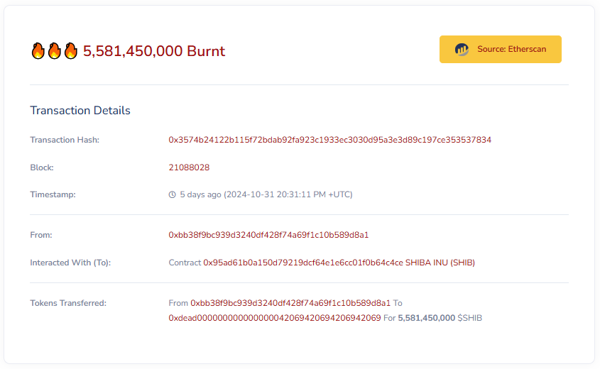 Proses Burn Koin SHIB dengan nilai lebih dari 5 miliar token SHIB