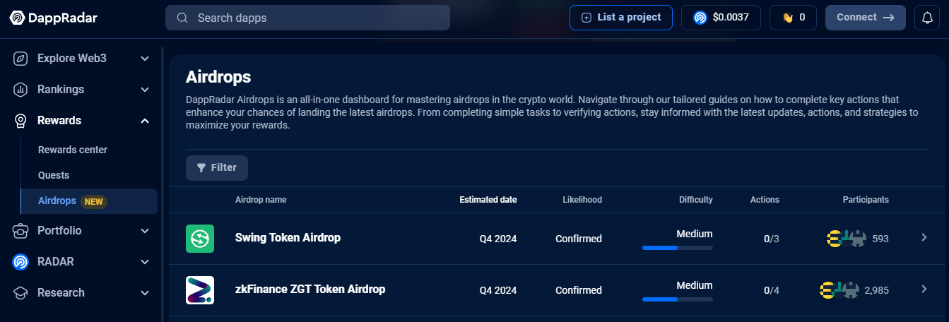 Tampilan Platform crypto airdrop DappRadar