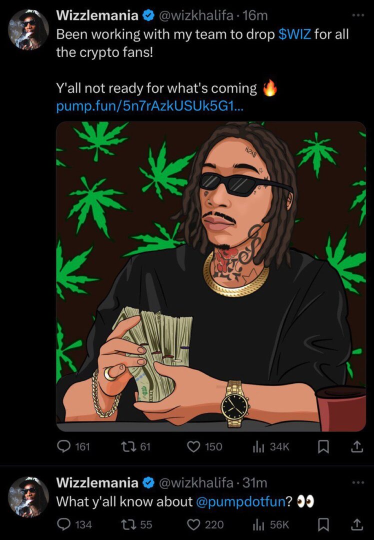 Tweet Wiz Khalifa Mempromosikan Koin WIZ - ZachXBT