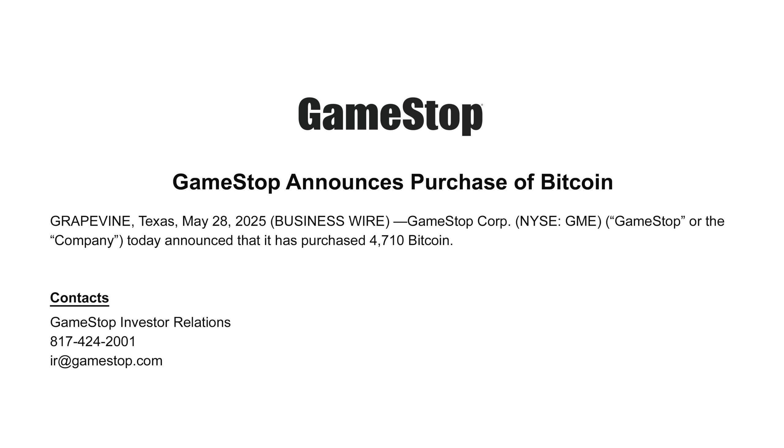 Pengumuman Investasi Bitcoin GameStop