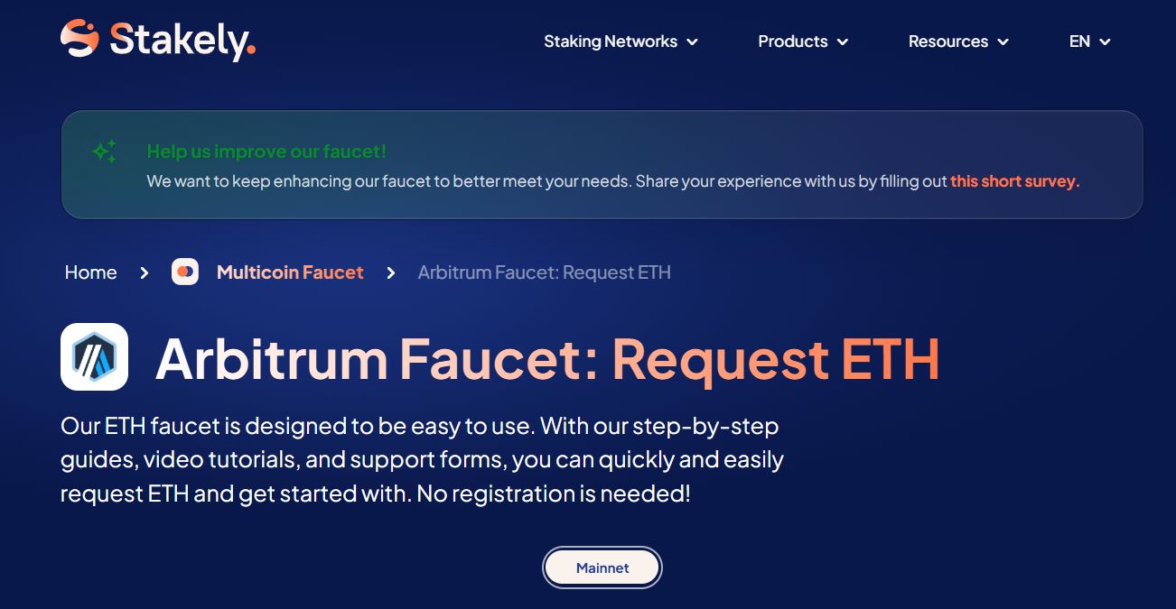 Tampilan Website Faucet Arbitrum Stakely