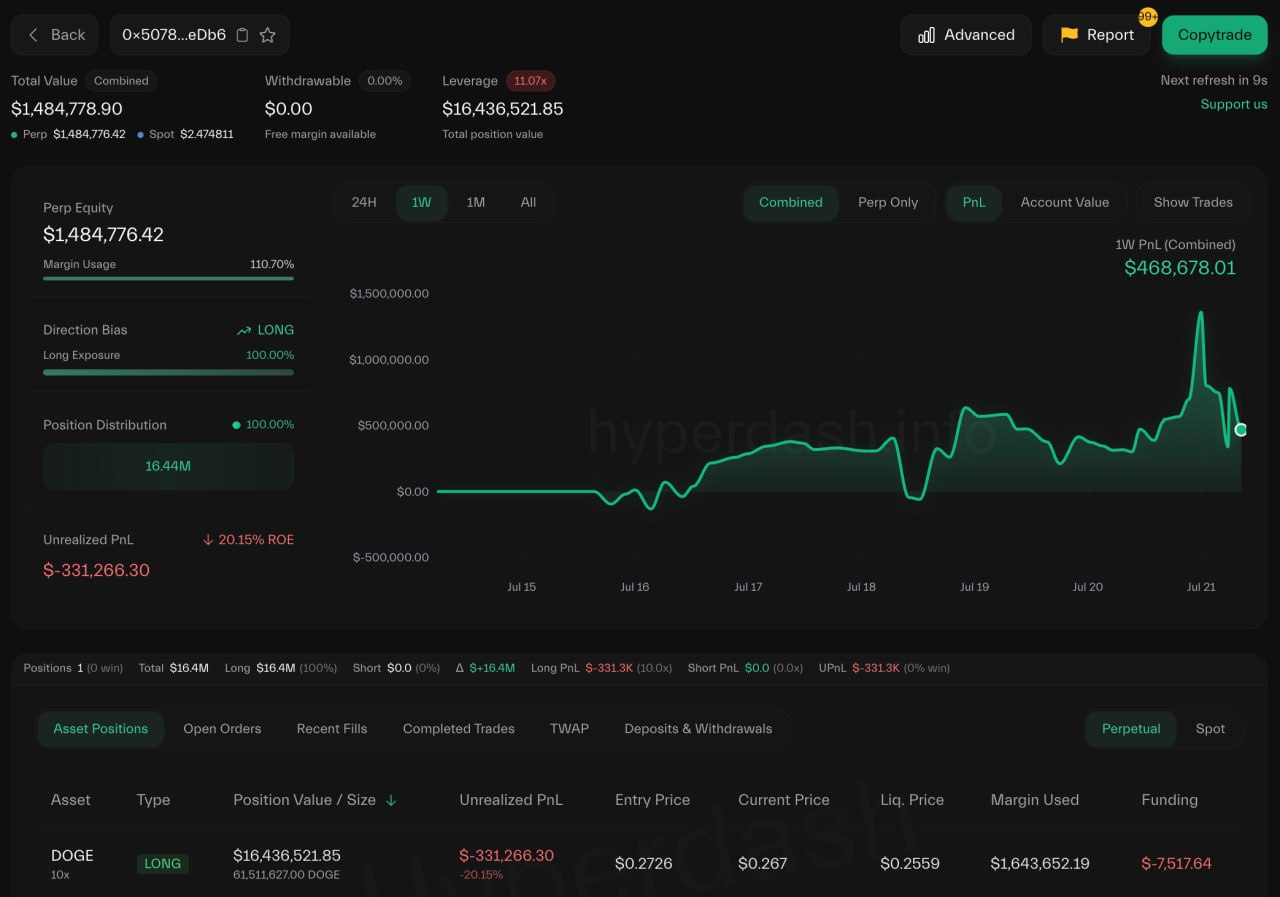 Posisi Long DOGE James Wynn - Lookonchain