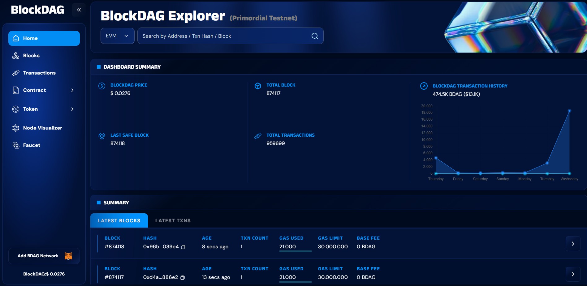 Tampilan laman blockchain explorer BlockDAG versi testnet