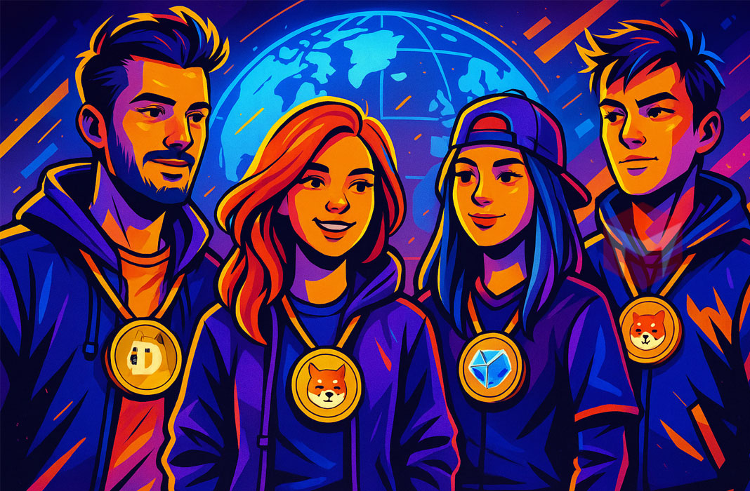 ilustrasi anak muda menggunakan medali kripto doge shib