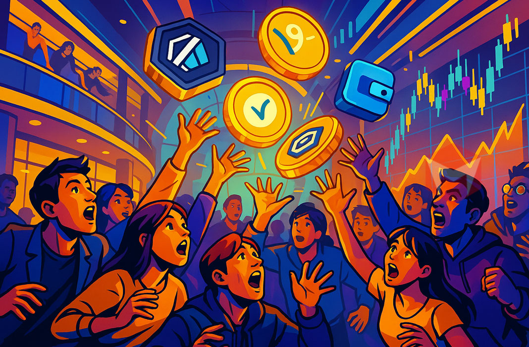 ilustrasi banyak orang memperebutkan altcoin VIRTUAL ARB dan token Cold Wallet