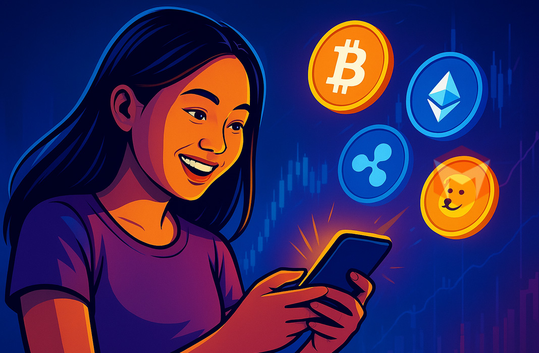 ilustrasi gadis cantik menggunakan crypto hot wallet menggunakan ponsel mereka
