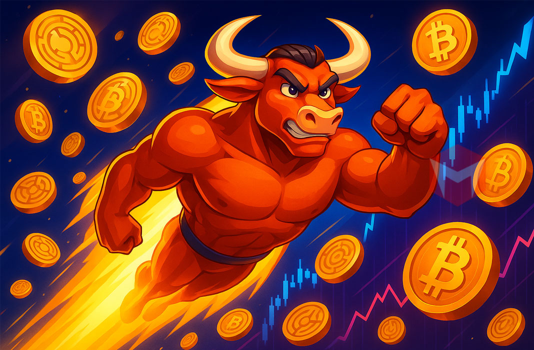 ilustrasi keping logam bitcoin terbang bersama superhero banteng