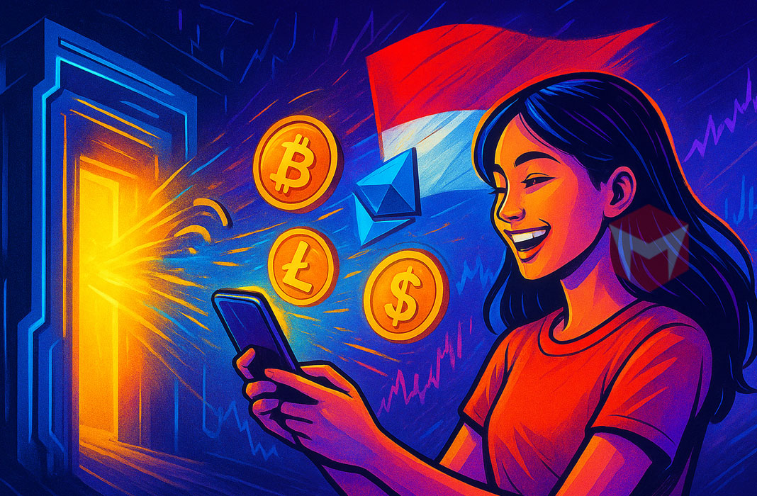ilustrasi seorang perempuan indonesia menggunakan aplikasi crypto trading populer