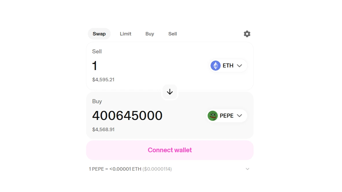 Contoh tampilan Uniswap saat akan melakukan trading meme coin
