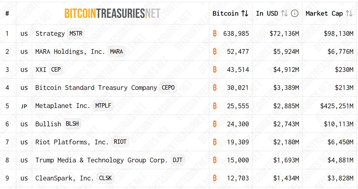 Peringkat Kepemilikan BTC - Bitcointreasuries
