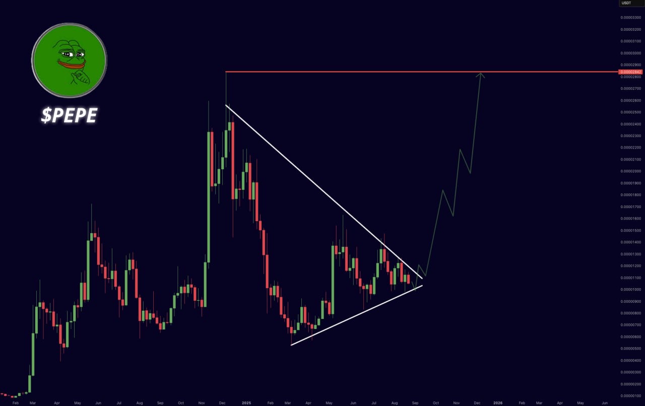 Pola Symmetrical Triangle PEPE - Mister Crypto