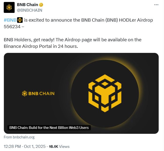 Tweet Airdrop Palsu yang Diunggah oleh Hacker di Akun BNB Chain