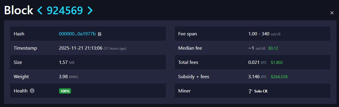 Blok 924.569 yang Ditambang oleh Solo Bitcoin Miner - Mempool