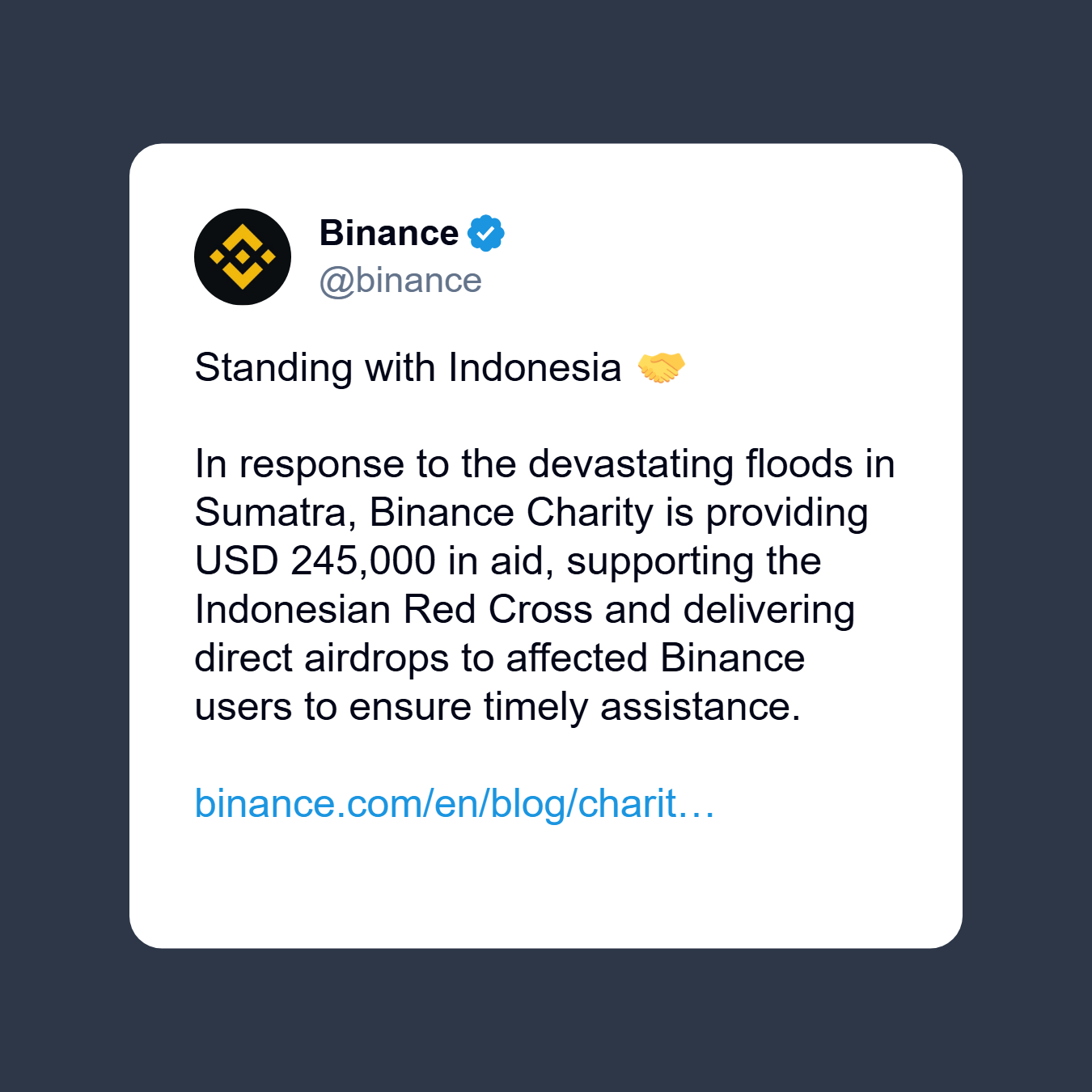 Pengumuman Bantuan dari Binance Charity