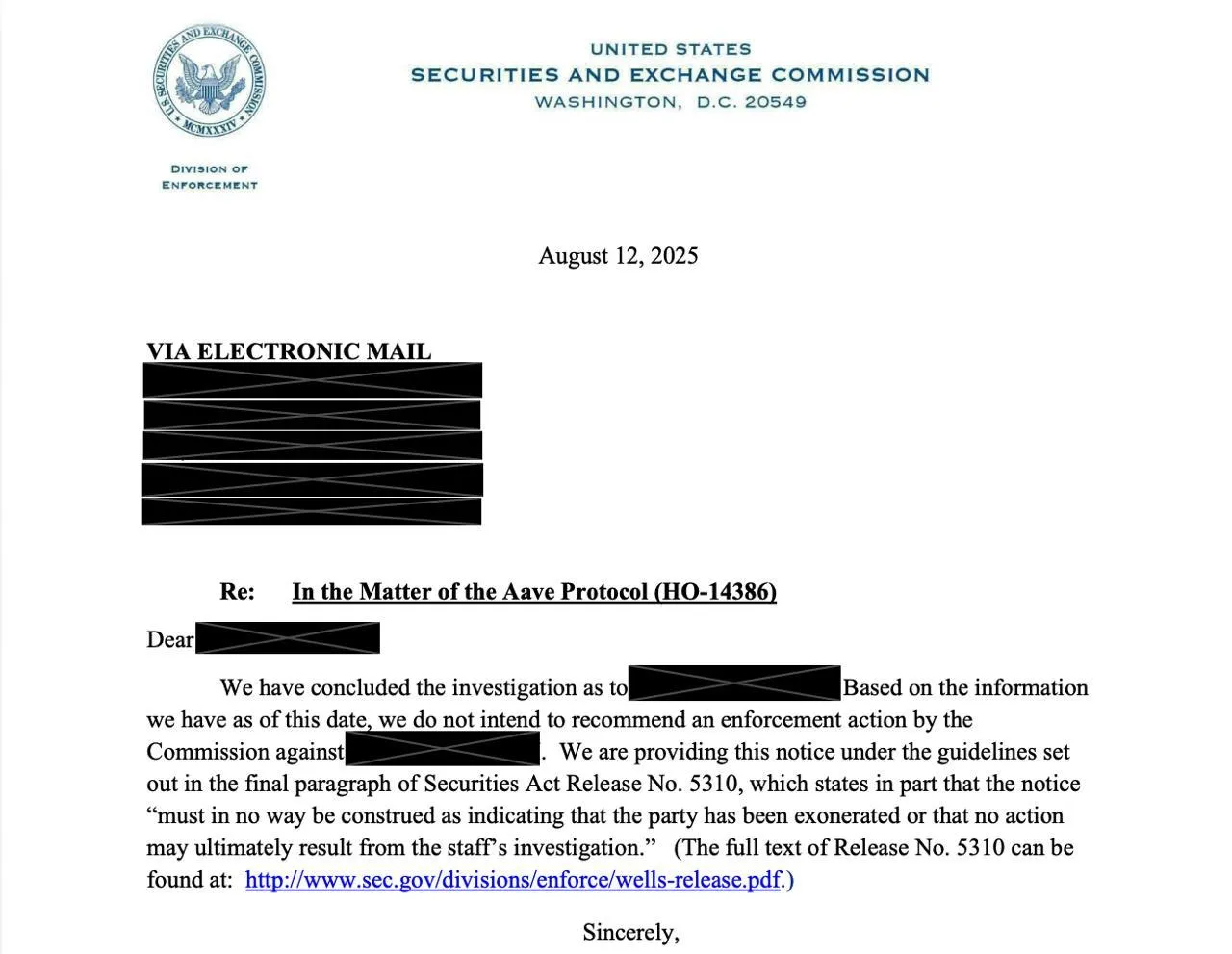 Surat yang Dikirim SEC ke Aave - Stani Kulechov