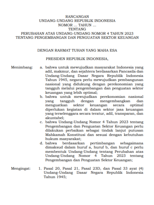 Tampilan Halaman Pertama Revisi UU P2SK