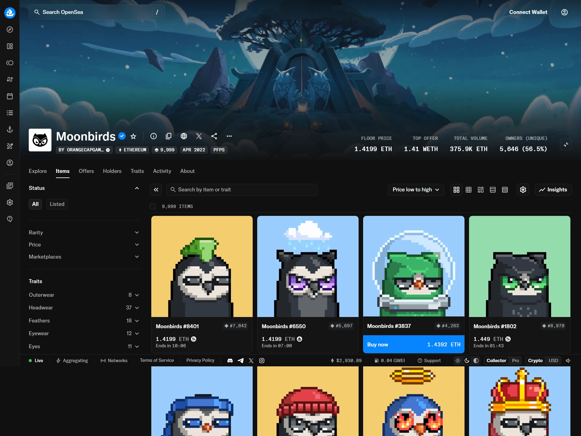 Tampilan Moonbirds NFT di OpenSea