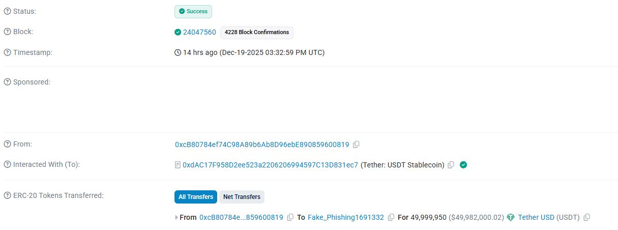 USDT yang Dicuri oleh Pelaku Address Poisoning - Etherscan