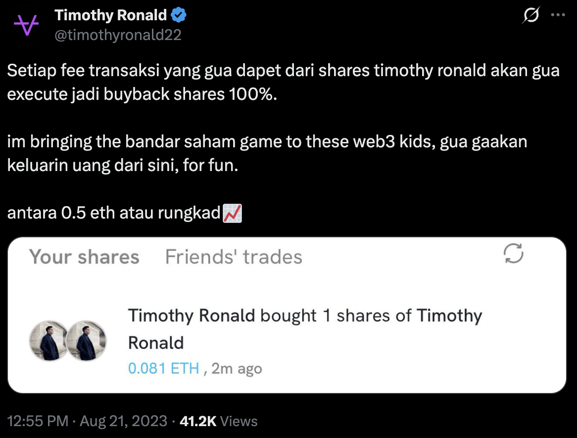 Cuitan Timothy Ronald di X Terkait Friend.tech