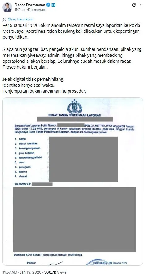 Dokumen Laporan Kepolisian Terkait Kasus Penghinaan oleh Skyholic888 - Oscar Darmawan