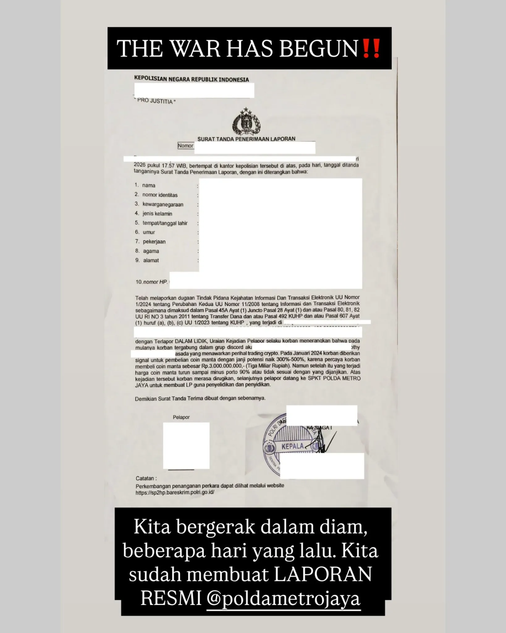 Laporan ke Kepolisian Terkait Dugaan Penipuan oleh Timothy Ronald - Skyholic888