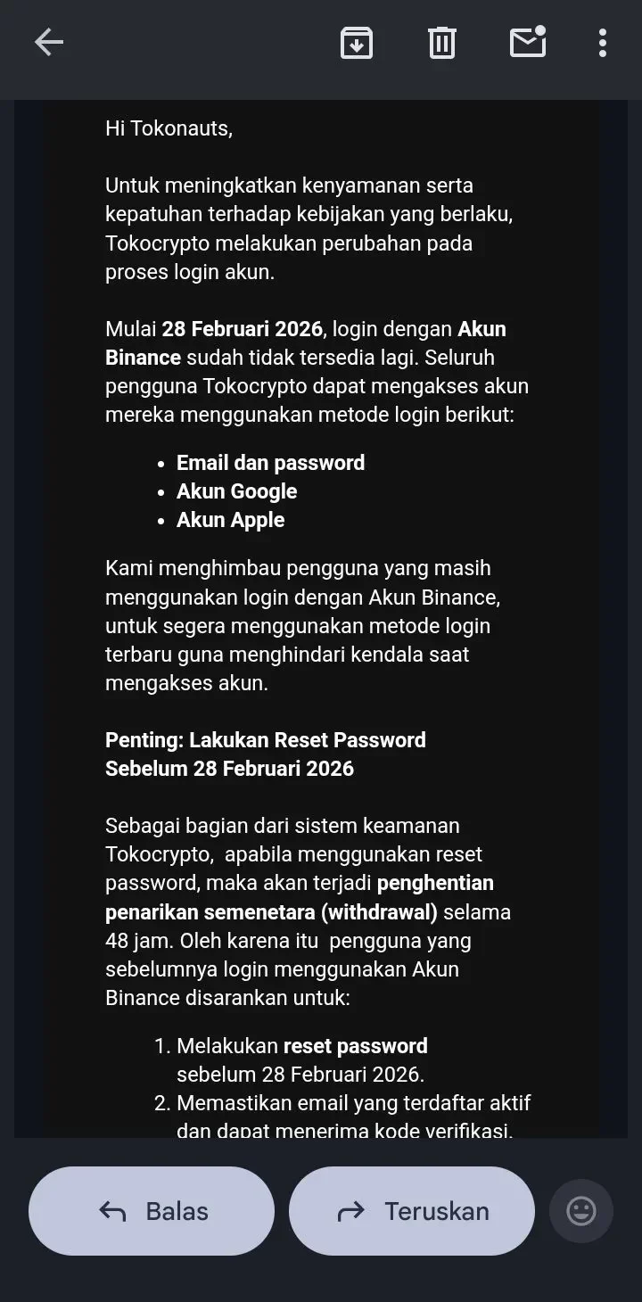 Email Terkait Perubahan Login Akun Tokocrypto Menggunakan Binance