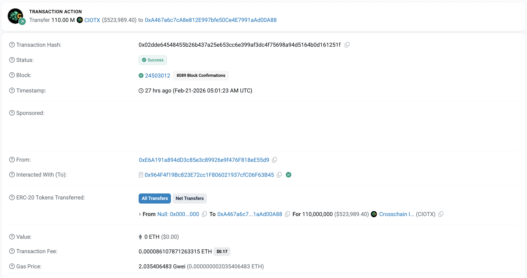 Proses Minting CIOTX oleh Hacker - Etherscan