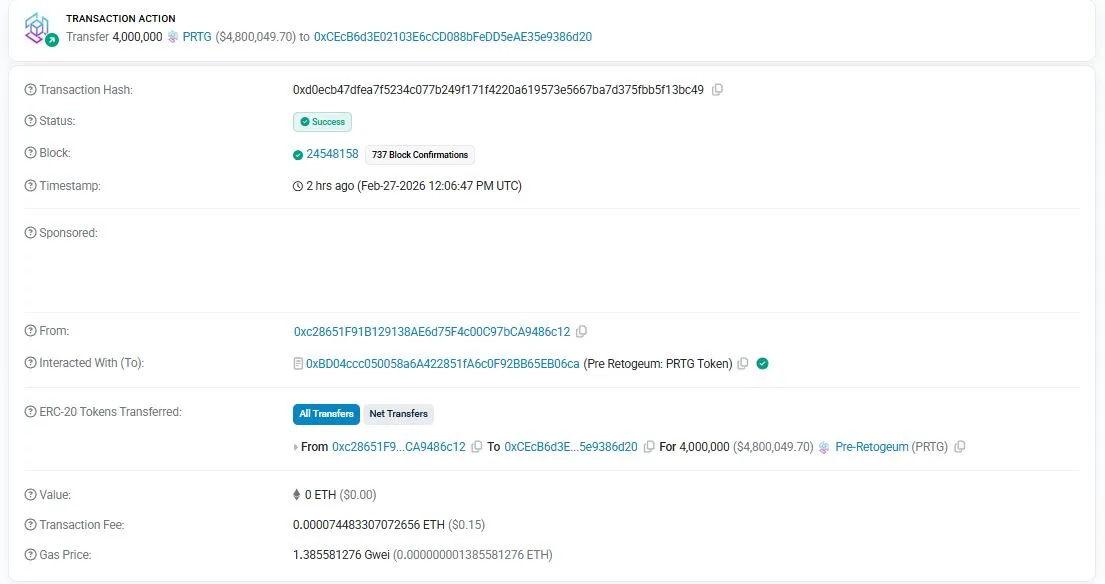 Token PRTG yang Dipindahkan dari Wallet - EtherScan