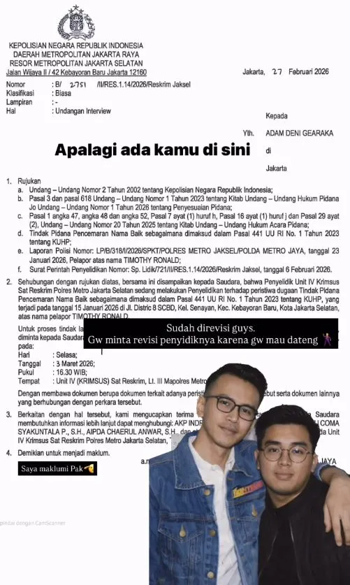 Laporan Pencemaran Nama Baik Timothy Ronald yang Diunggah Adam Deni