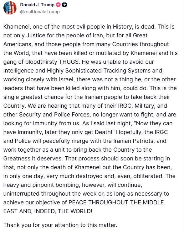 Pernyataan Donald Trump - Truth Social