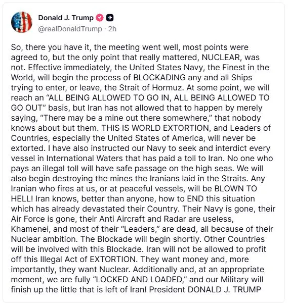 Pernyataan Donald Trump Soal Blokade Selat Hormuz Setelah Negosiasi Gagal - Truth Social