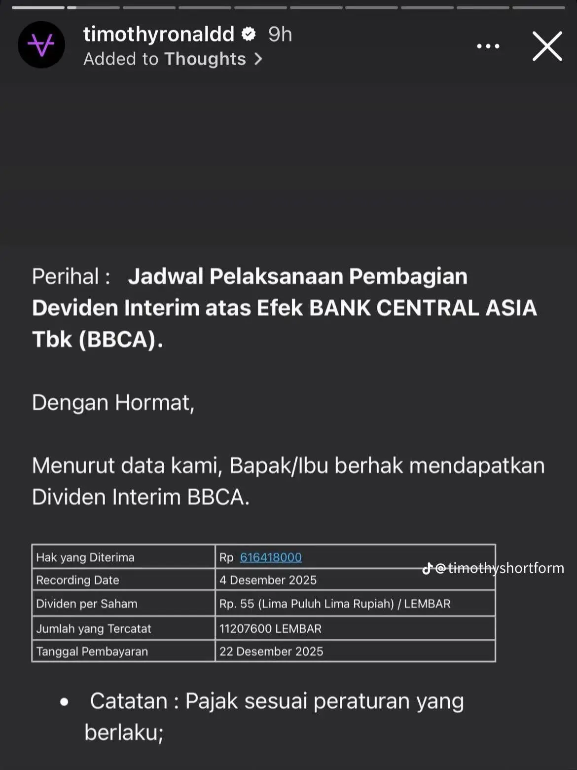 Saham BBCA Timothy Ronald