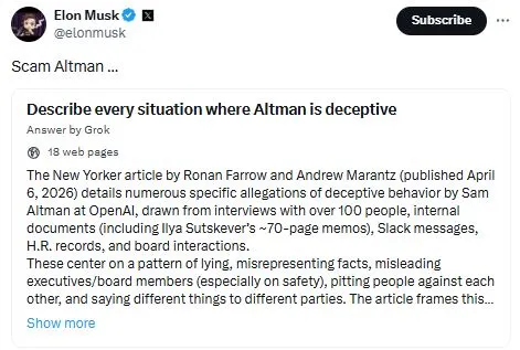Tweet Elon Musk yang Menyebut Scam Altman - X