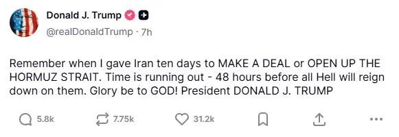 Ultimatum Donald Trump ke Iran untuk Segera Membuka Selat Hormuz - Truth Social