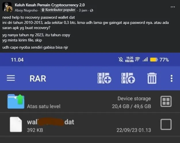 Postingan Aboy Nugroho yang Meminta Tolong untuk Membuka Wallet Bitcoin Miliknya - KKPC 2.0