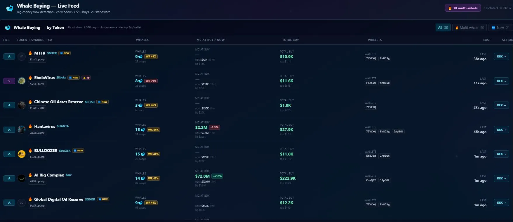 Tampilan Fitur Whale Buying untuk Mencari Kripto Potensial di Cryptoiz
