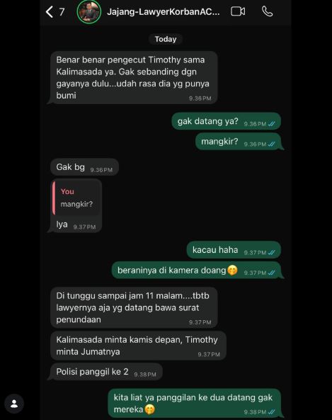Tangkapan Layar Percakapan Kuasa Hukum Korban Akademi Crypto dan Skyholic soal Kelanjutan Kasus Timothy Ronald - Instagram