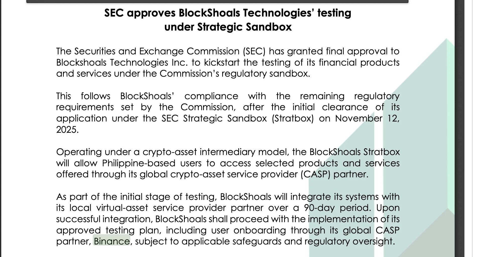 SEC Filipina Setujui Uji Coba BlockShoals, Binance Jadi Mitra CASP - Yi He