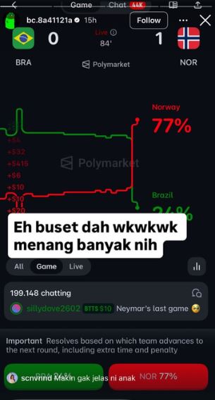Story Instagram Anak Purbaya Terkait Prediksi Laga Brasil vs Norway di Polymarket - Instagram