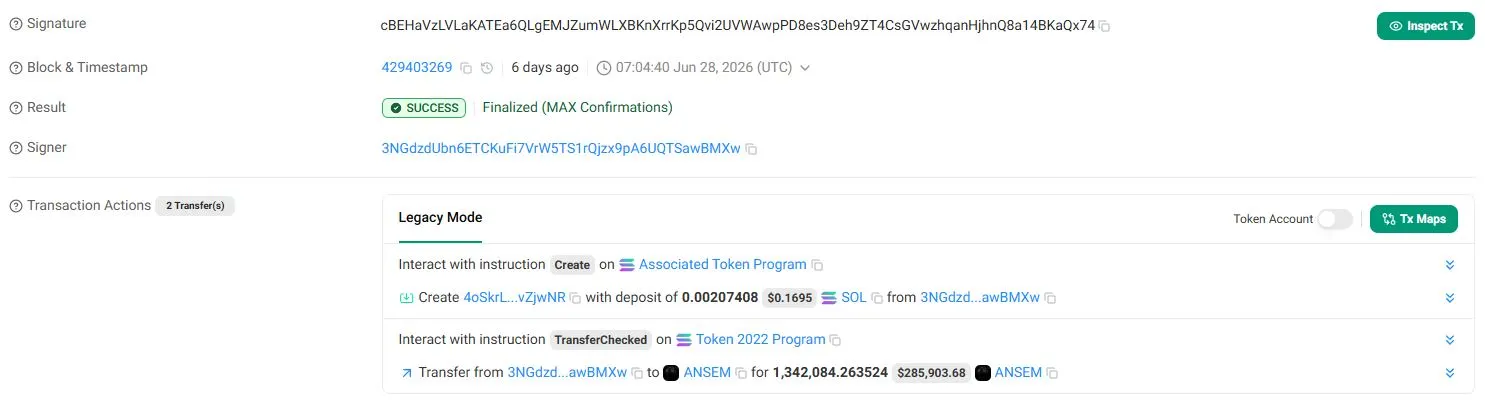 Transaksi Kripto ANSEM yang Salah Dikirim ke Alamat Wallet Lain - Solscan