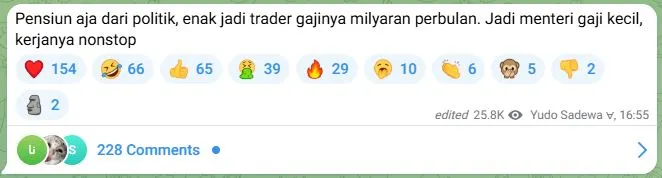 Komentar Anak Purbaya di Kanal Telegram Miliknya