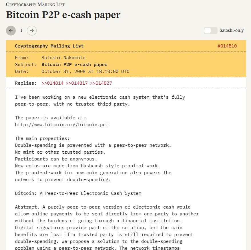 Email Pertama Satoshi Nakamoto Terkait Ide Bitcoin