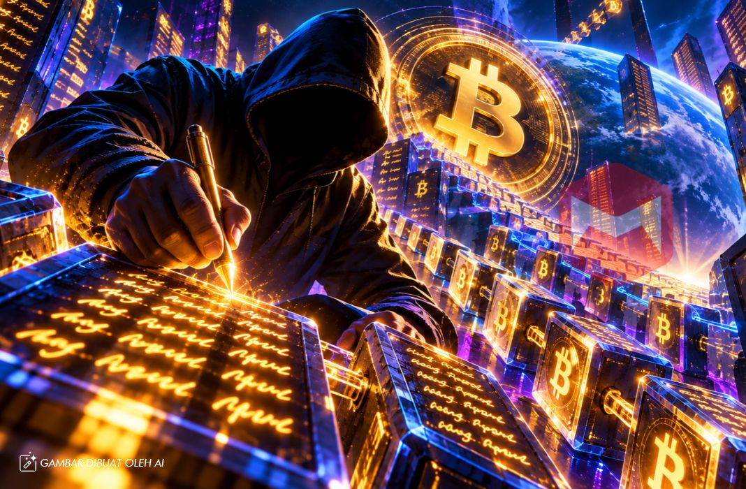 Seseorang menulis namanya ratusan kali di blockchain bitcoin