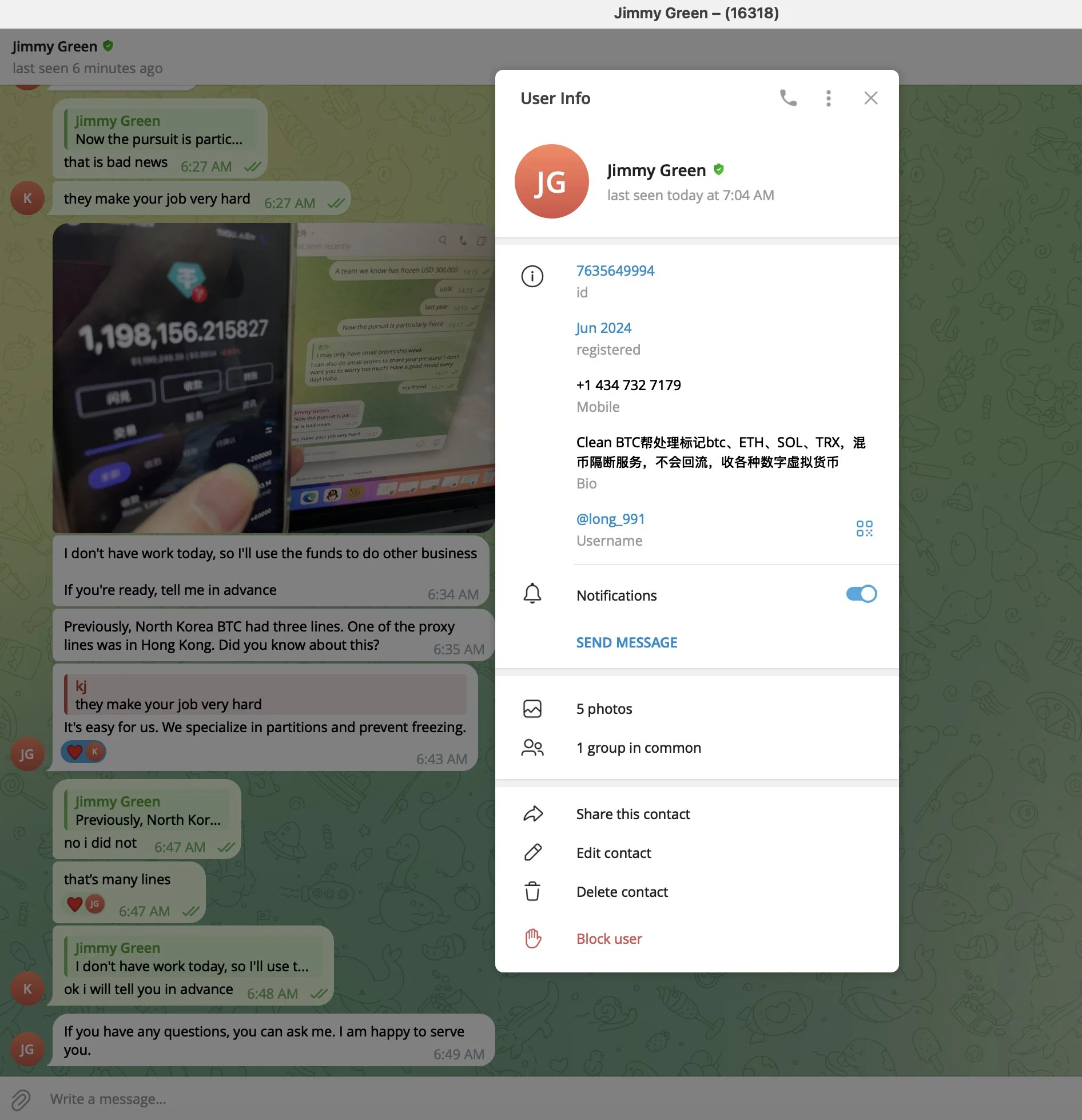 Username Telegram Sindikat China yang Diduga Membantu Lazarus Group Mencuci Aset Kripto Curian - ZachXBT